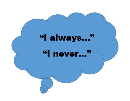Thought bubble saying "I always..." and "I never..."
