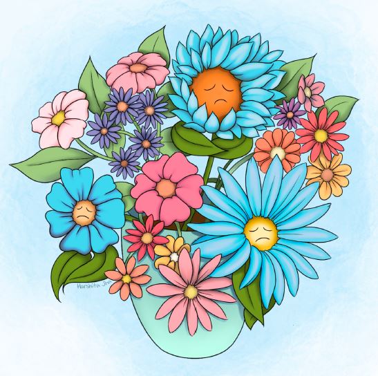 Illustration of flower bouquet; some flowers have sad faces