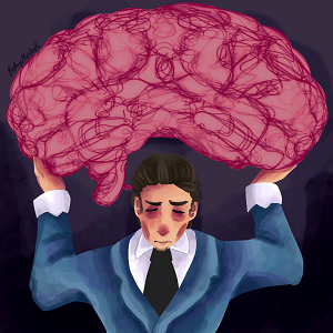 Drawing of a person holding a large brain above their head