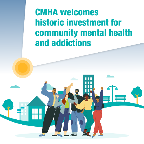 Artwork of a group of people with text saying CMHA welcomes historic investment for community mental health and addictions
